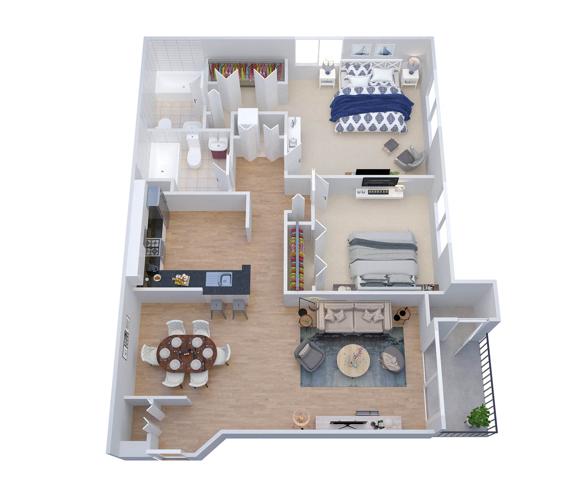 Floor plan for 2 beds, 2 baths, 1000 sqft